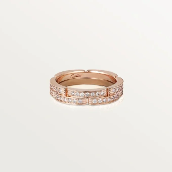 Aliança de casamento fina Maillon Panthere, 2 meias fileiras com pavé de diamantes – Ouro rosa, diamantes – Cartier