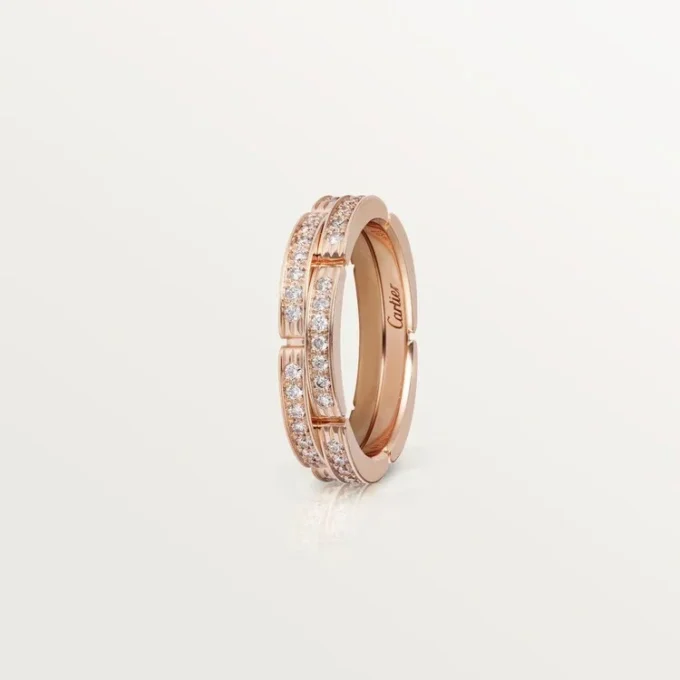 Aliança de casamento fina Maillon Panthere, 2 meias fileiras com pavé de diamantes – Ouro rosa, diamantes – Cartier
