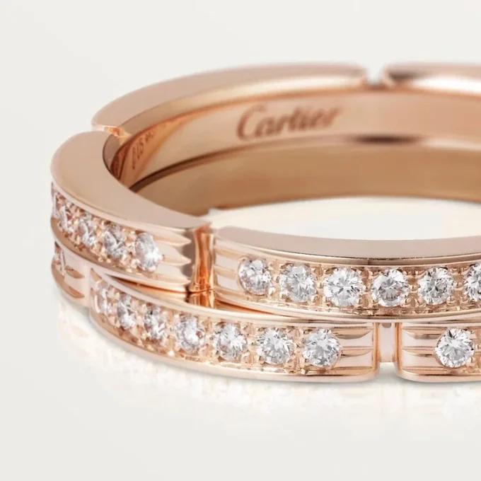 Aliança de casamento fina Maillon Panthere, 2 meias fileiras com pavé de diamantes – Ouro rosa, diamantes – Cartier