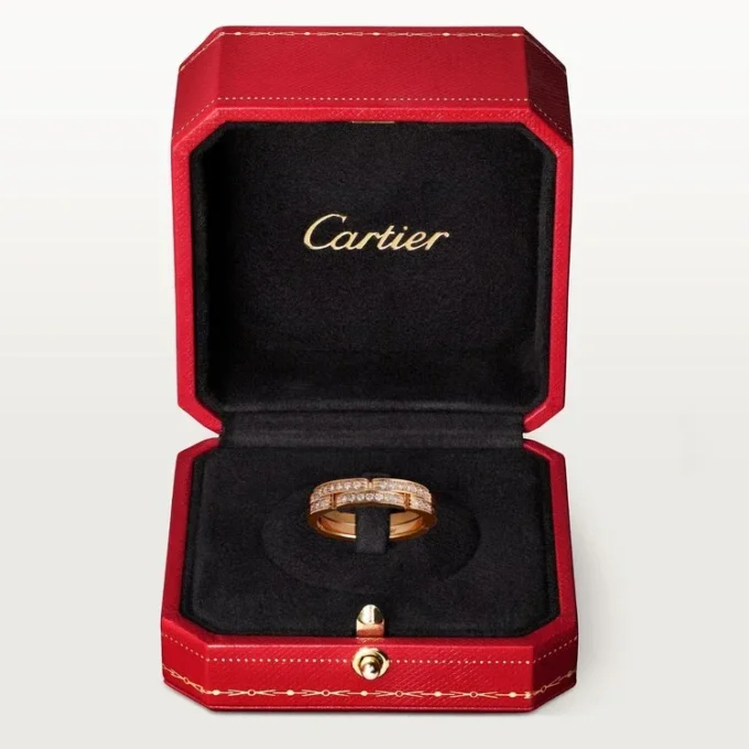 Aliança de casamento fina Maillon Panthere, 2 meias fileiras com pavé de diamantes – Ouro rosa, diamantes – Cartier