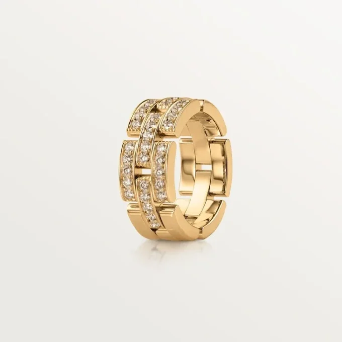 Anel Maillon Panthere, 3 fileiras com meio pavé de diamantes – Ouro amarelo, diamantes – Cartier