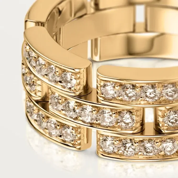 Anel Maillon Panthere, 3 fileiras com meio pavé de diamantes – Ouro amarelo, diamantes – Cartier