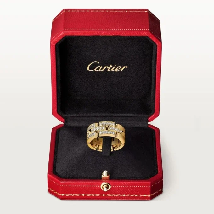 Anel Maillon Panthere, 3 fileiras com meio pavé de diamantes – Ouro amarelo, diamantes – Cartier