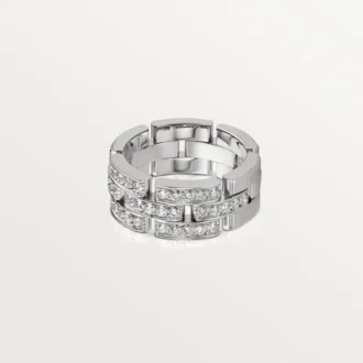 Anel Maillon Panthere, 3 fileiras com meio pavé de diamantes – Ouro branco, diamantes – Cartier