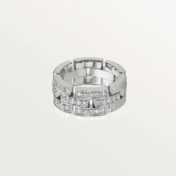 Anel Maillon Panthere, 3 fileiras com meio pavé de diamantes – Ouro branco, diamantes – Cartier