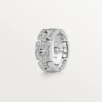 Anel Maillon Panthere, 3 fileiras com meio pavé de diamantes – Ouro branco, diamantes – Cartier