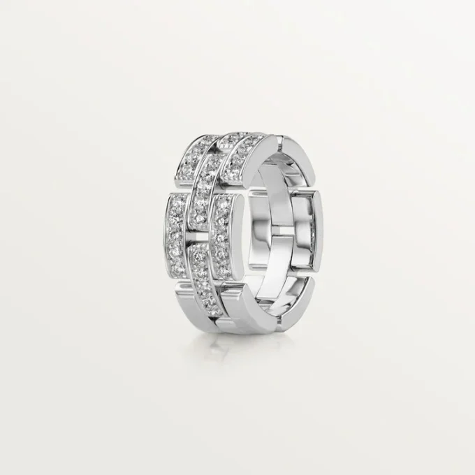 Anel Maillon Panthere, 3 fileiras com meio pavé de diamantes – Ouro branco, diamantes – Cartier