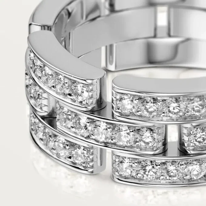 Anel Maillon Panthere, 3 fileiras com meio pavé de diamantes – Ouro branco, diamantes – Cartier