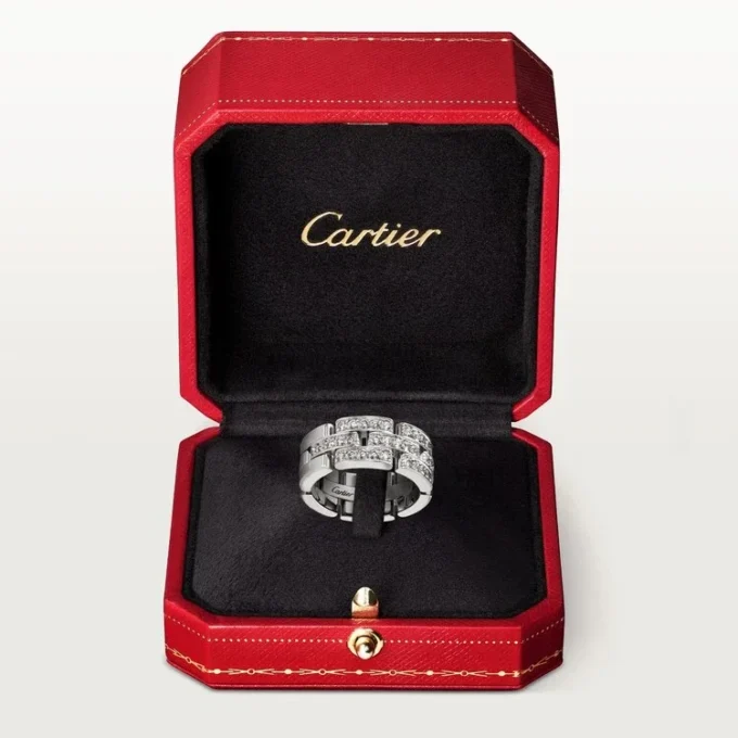 Anel Maillon Panthere, 3 fileiras com meio pavé de diamantes – Ouro branco, diamantes – Cartier