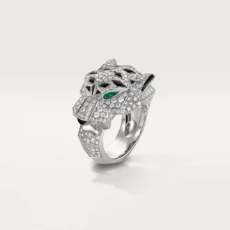 Anel Panthere De Cartier – Ouro Branco, Diamantes, Esmeraldas, Ônix – Cartier