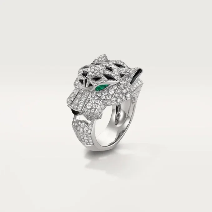 Anel Panthere De Cartier – Ouro Branco, Diamantes, Esmeraldas, Ônix – Cartier