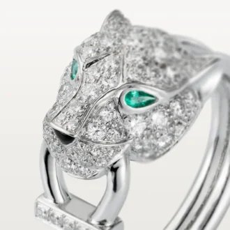 Anel Panthere De Cartier – Ouro Branco, Diamantes, Esmeraldas, Ônix – Cartier