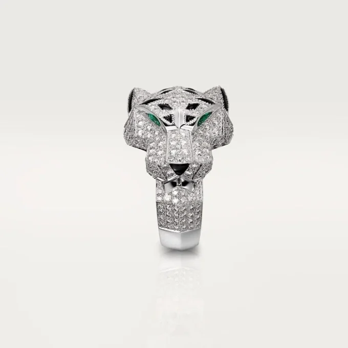 Anel Panthere De Cartier – Ouro Branco, Diamantes, Esmeraldas, Ônix – Cartier