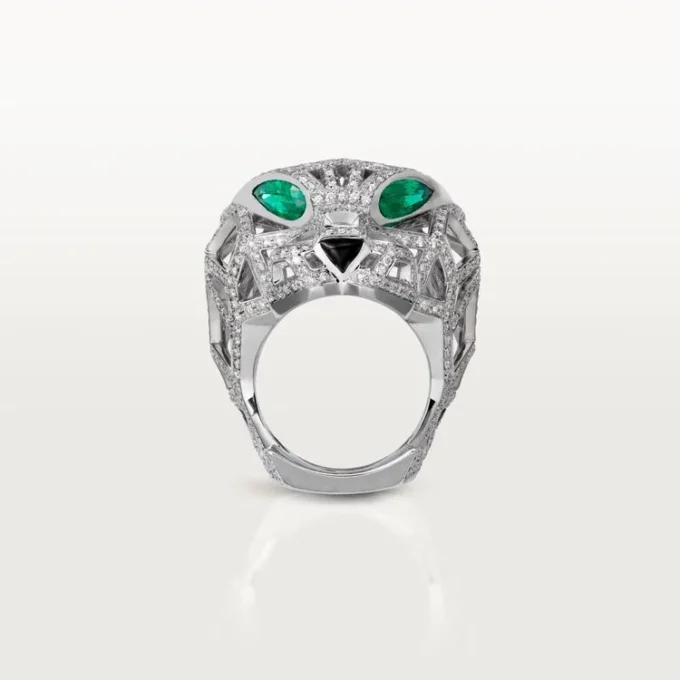 Anel Panthere De Cartier – Ouro Branco, Esmeraldas, Ônix, Diamantes – Cartier