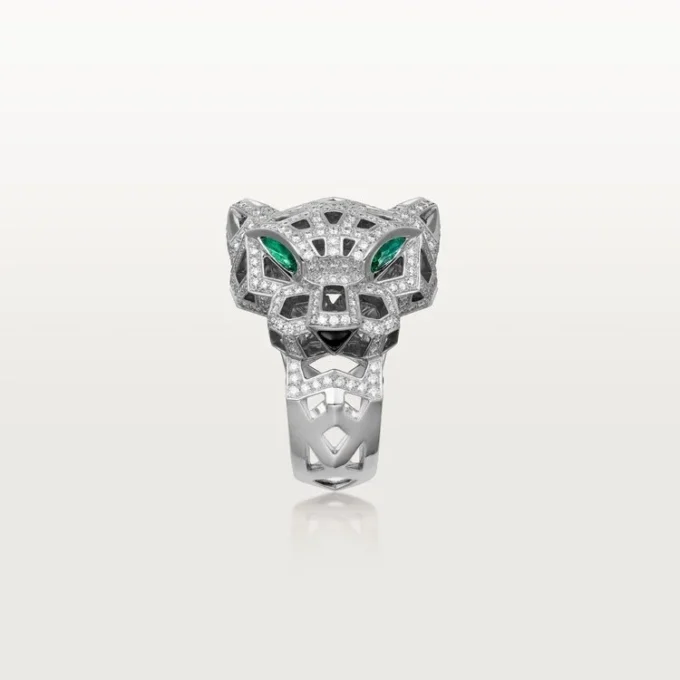 Anel Panthere De Cartier – Ouro Branco, Ônix, Esmeraldas, Diamantes – Cartier