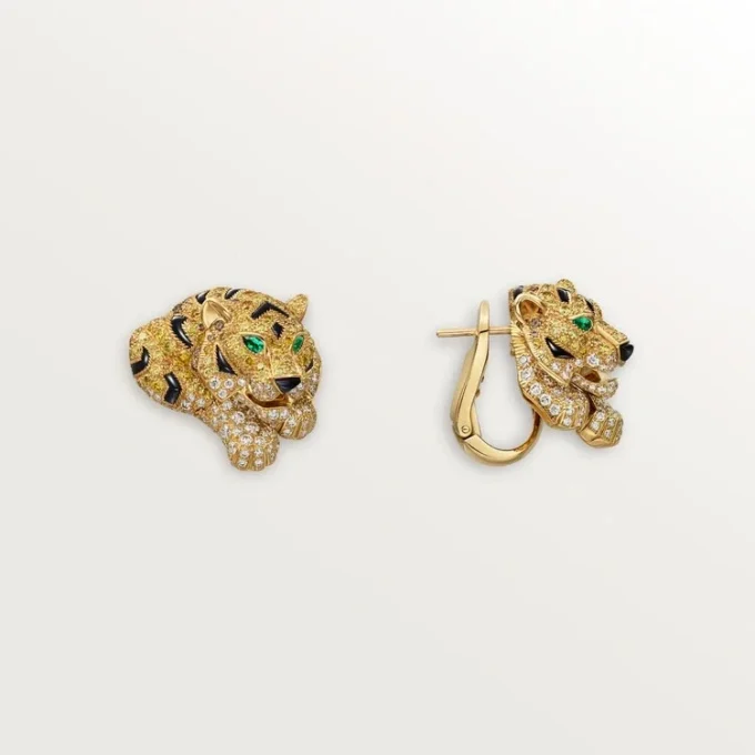 Brincos Faune Et Flore De Cartier, diamantes amarelos, laranja e castanhos, pavé