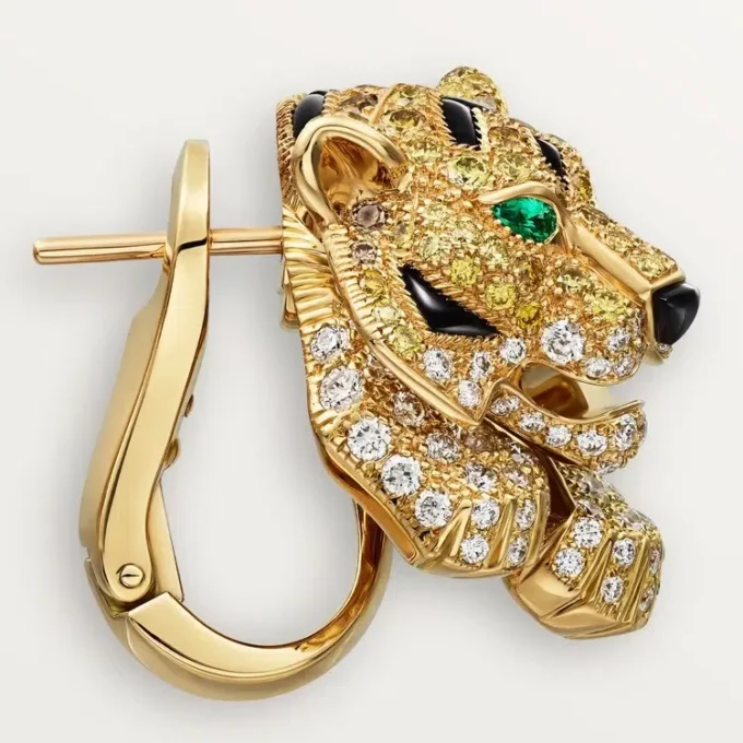Brincos Faune Et Flore De Cartier, diamantes amarelos, laranja e castanhos, pavé