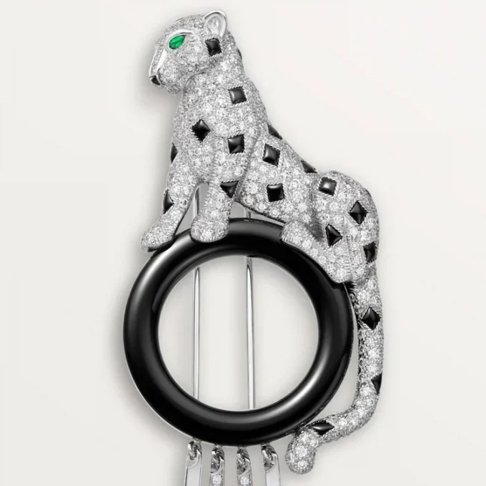 Broche Panthere De Cartier – Ouro Branco, Esmeraldas, Ônix, Diamantes – Cartier