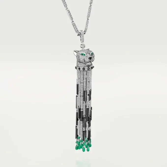 Colar longo Panthere De Cartier, esmeralda, multiuso, modelo grande, pavé