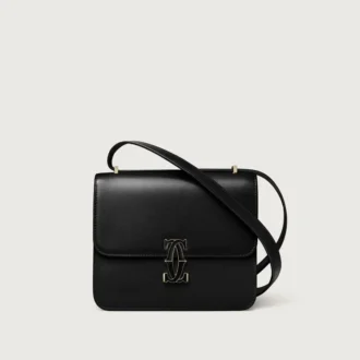 Mala de Ombro, Mini, Double C De Cartier – Pele de Bezerro Preta, Acabamento em Ouro e Esmalte Preto – Cartier