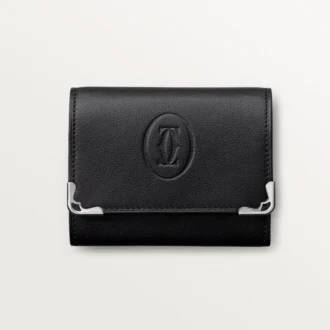 Porta-moedas quadrado, Must De Cartier – Pele de bezerro preta, acabamento em aço inoxidável – Cartier